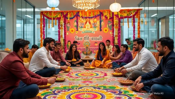 The WhatsApp message reads that 100 per cent attendance is necessary for bosses and their teams on the Diwali party day (This is a Meta-generated AI image)