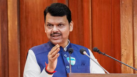 Maharashtra Chief Minister Devendra Fadnavis speaks during the inauguration of Cyber Awareness Month October 2025, in Mumbai. (@CMOMaharashtra/X via PTI Photo)
