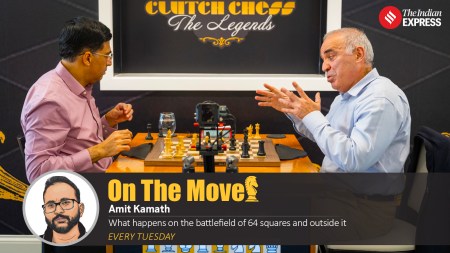 Garry Kasparov and Viswanathan Anand facing off at the Clutch Chess: The Legends exhibition clash, 30 years after they played in the PCA World Championship in New York. (PHOTO: Lennart Ootes via St Louis Chess Club)