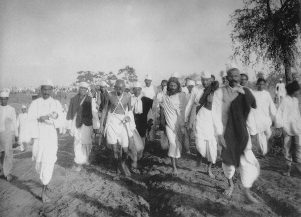 Gandhi leading his followers on the Salt March (Wikipedia)