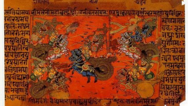 A manuscript illustration of the battle of Kurukshetra, fought between the Kauravas and the Pandavas, recorded in the Mahabharata. c. 1700 – c. 1800 CE. (Wikimedia commons) 