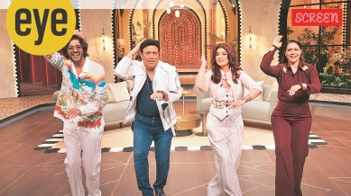 A scene from the show with actors Govinda and Chunky Panday and hosts Kajol and Twinkle Khanna
