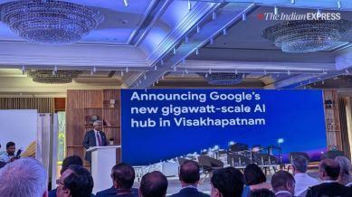Google Cloud CEO Thomas Kurian speaking at Bharat AI Shakti, an event hosted by Google in New Delhi on Tuesday, October 14, 2025. (Image: Anuj Bhatia/The Indian Express)