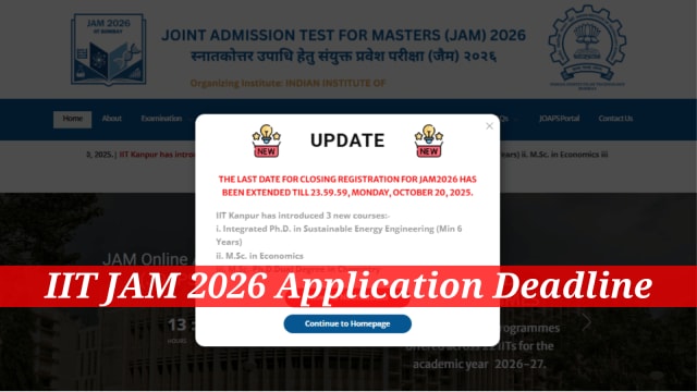 IIT JAM 2026 registration deadline on October 20, apply at jam2026.iitb.ac.in
