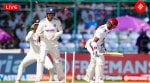 IND vs WI 2nd Test Live Cricket Score India vs West Indies: Alick Athanaze of the West Indies looks at his stumps after being bowled in the second innings just before Tea on day 3. (Express Photo by Praveen Khanna)