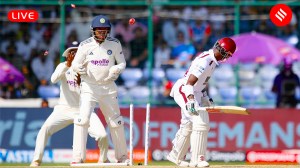 IND vs WI 2nd Test Live Cricket Score India vs West Indies: Alick Athanaze of the West Indies looks at his stumps after being bowled in the second innings just before Tea on day 3. (Express Photo by Praveen Khanna)