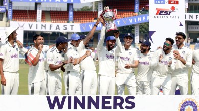 Indian players celebrate after winning the last Test cricket match between India and West Indies at the Arun Jaitley Stadium in New Delhi on Tuesday. (EXPRESS PHOTO BY PRAVEEN KHANNA)