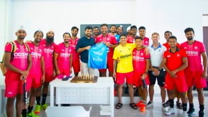 Indian hockey team with American Gambits co-owner Prachura P Padakannaya after the master class session at the Sports Authority of India (SAI) campus in Bengaluru on Friday. (PHOTO: Hockey India)