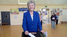 Independent candidate Catherine Connolly casts her vote in the election for the next Irish president at Claddagh National School in Galway city, Ireland, Friday, Oct. 24, 2025. (Brian Lawless/PA via AP)