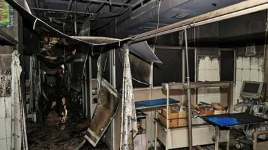 Charred remains after a fire broke out at the trauma centre of the state-run Sawai Man Singh (SMS) Hospital, late Sunday night, in Jaipur,