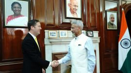 External Affairs Minister S. Jaishankar exchanges a handshake with US Ambassador-designate Sergio Gor, in New Delhi on Saturday. (X/@DrSJaishankar)