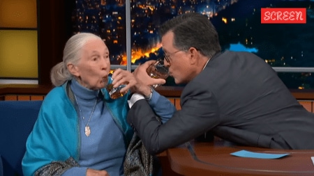 Jane Goodall and Stephen Colbert