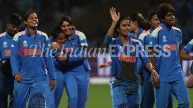 An emotional Jemimah Rodrigues after leading India to Women's World Cup final in Navi Mumbai. (Express Photo by Amit Chakravarty)