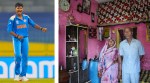 (LEFT) India's Kranti Gaud celebrates the wicket of Pakistan's Aliya Riaz during aICC Women's Cricket World Cup match; (RIGHT) Kranti's parents, Neelam and Munna Singh, an ex-police constable, in the two-room police quarters in Ghuwara. (AP Photo, Express Photo by Abhinav Saha)