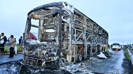 kurnool bus tragedy, andhra pradesh bus accident, bus accident, hyderabad, Twist in Kurnool bus fire, Andhra Police hunt for third driver, Kurnool bus fire, Indian express news, current affairs
