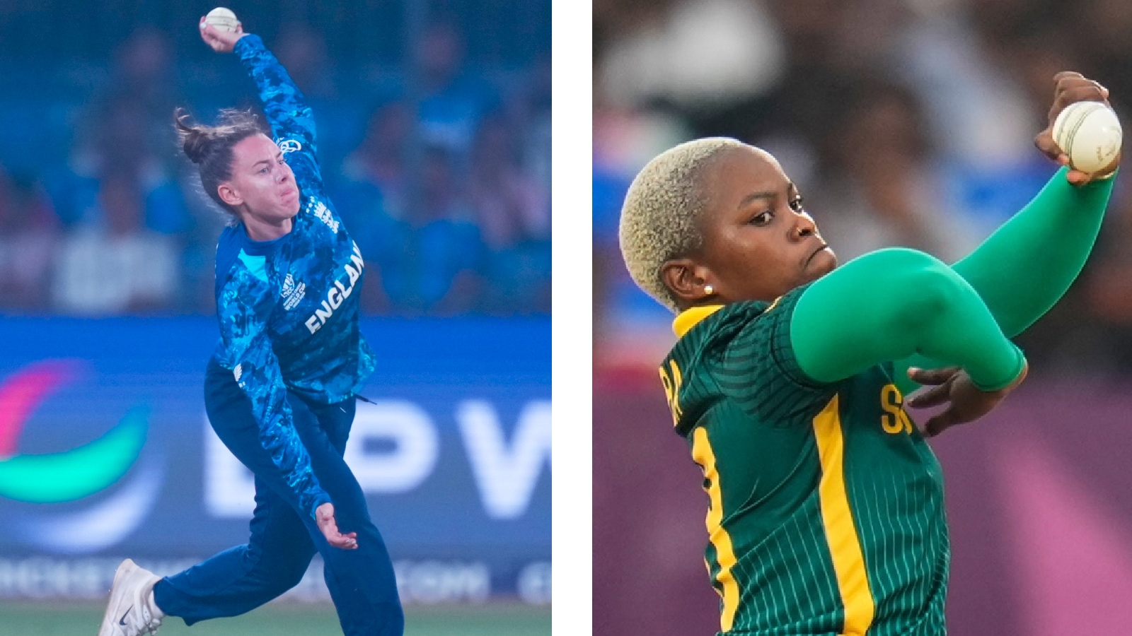 England's Linsey Smith (left) and South Africa's Nonkululeko Mlaba at the ICC Women's Cricket World Cup match. (PHOTOS: AP)