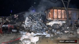A truck carrying LPG cylinders caught fire after a collision on the Jaipur-Ajmer highway near Dudu, triggering multiple explosions and halting traffic, on Tuesday late.