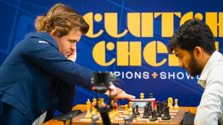 Magnus Carlsen takes on world champion D Gukesh in a Clutch Chess: Champions Showdown clash in St Louis. (PHOTO: Lennart Ootes/ Saint Louis Chess Club)