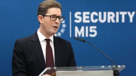 Director General of MI5, the UK's Security Service, Ken McCallum, delivers the annual Director General's Speech at Thames House, the headquarters of the UK's Security Service in London on Thursday Oct.r 16, 2025. (Jonathan Brady /PA via AP)