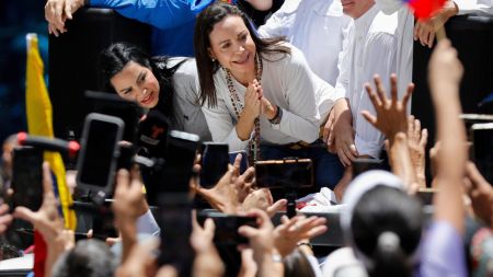 Maria Corina Machado leads a protest against the reelection of President Nicolás Maduro one month after the disputed presidential vote which she claims the opposition won by a landslide, in Caracas, Venezuela, Wednesday, Aug. 28, 2024. (AP Photo/Cristian Hernandez, File)