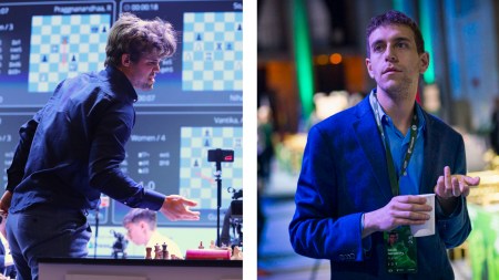 Magnus Carlsen (left) and Daniel Naroditsky. (Photos: Partha Paul for The Indian Express, Lennart Ootes for FIDE)