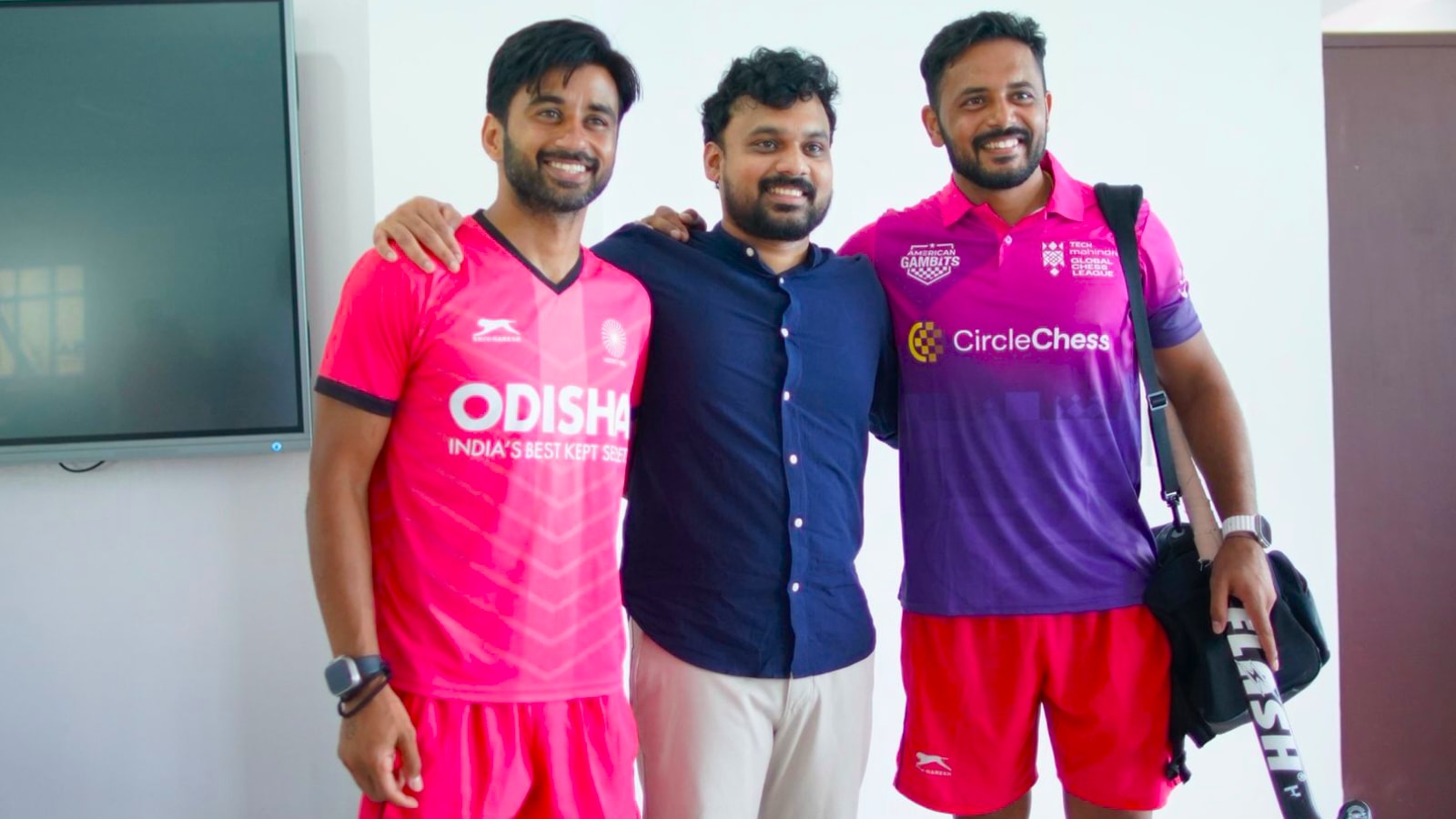 Indian hockey team's Manpreet Singh and Harmanpreet Singh with American Gambits co-owner Prachura P Padakannaya after the master class session at the Sports Authority of India (SAI) campus in Bengaluru on Friday. (PHOTO: Hockey India)