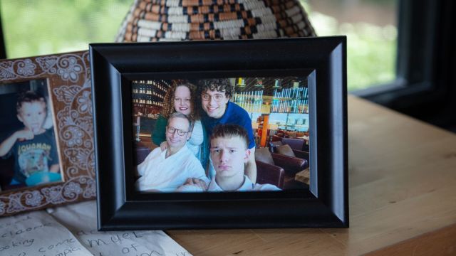 A Terblanche family portrait on display at their home in New York in May 2025. Sam Terblanche died alone in his dorm room two days after seeking help at the Mount Sinai Morningside emergency department twice in 24 hours. (Naima Green/The New York Times)