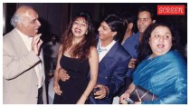 Yash Chopra, Gauri Khan, Shah Rukh Khan, and Honey Irani in the early 1990s.