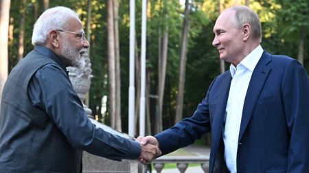 Russia's President Vladimir Putin shakes hands with India's Prime Minister Narendra Modi during their meeting at the Novo-Ogaryovo state residence near Moscow, Russia July 8, 2024. Sputnik/Sergei Bobylyov/Pool via REUTERS/ File Photo
