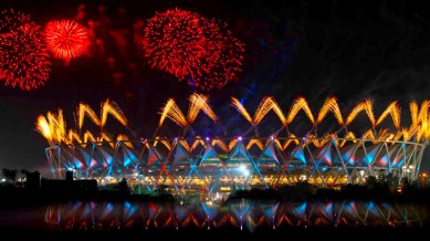 Fireworks light up the Jawaharlal Nehru Stadium during the opening ceremony of New Delhi Commonwealth Games in 2020. (Express File image by Oinam Anand)