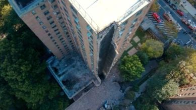 This image provided by the Fire Department of New York, FDNY shows part of a high-rise apartment building that collapsed, leaving a corner of the building in a pile of rubble, in New York, Wednesday, Oct. 1, 2025. (FDNY via AP)