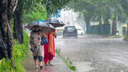 Women covering themselves with umbrellas as they walk on a footpath amid heavy rain, in Chandigarh on Monday.
