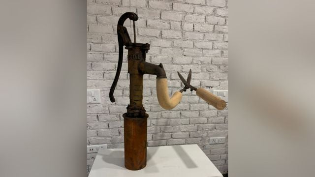 Delhi-based architect and artist Gautam Bhatia uses everyday objects–from taps to kitchenware, tennis rackets to typewriters, cameras to milk canisters–-to suggest multiplicity and uncertainty all at once.