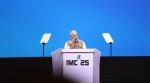 Caption: PM Modi onstage at the inauguration of IMC 2025 at Yashabhoomi Convention Centre in Delhi. (Image: IMC)