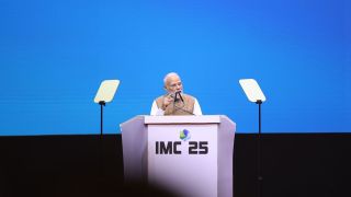 PM Modi onstage at the inauguration of IMC 2025 at Yashabhoomi Convention Centre in Delhi. (Image: IMC)
