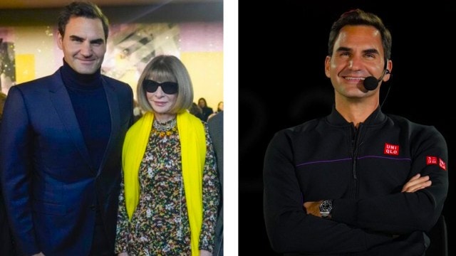 (LEFT) Roger Federer with Vogue magazine’s editor-in-chief Anna Wintour at the Paris Fashion Week in 2023; (RIGHT) Federer attends a Uniqlo event in Tokyo in November 2022 a few years after signing a $300-million contract with the Japanese clothing chain. (PHOTOS: Roger Federer via X)