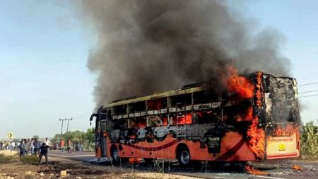 A bus traveling from Jaisalmer to Jodhpur catches fire, near Thaiyat village in Jaisalmer district, Rajasthan,