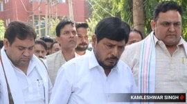 Ramdas Athawale Minister of State GOI outside the house of IPS YPuran Kumar in sector 24 Chandigarh.