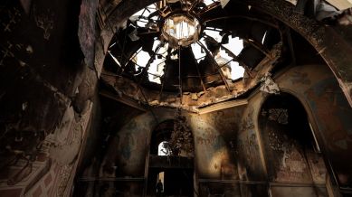 Ruins from inside the damaged church in Kostiantynivka, a frontline town where some 5000 people still stay with no water, electricity and gas supply in the site of heaviest battles with the Russian troops in the Donetsk region, Ukraine. (Oleg Petrasiuk/Ukraine's 24th Mechanized Brigade via AP)