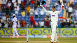 India captain Shubman Gill completed his century during the second day of the New Delhi Test cricket match between India and West Indies at the Arun Jaitley Stadium on Saturday. (EXPRESS PHOTO BY PRAVEEN KHANNA)
