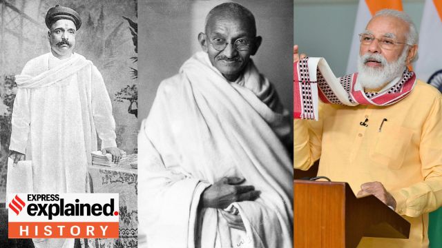 (from left to right) Bal Gangadhar Tilak, Mahatma Gandhi, and Narendra Modi. (Wikimedia Commons, PMO)