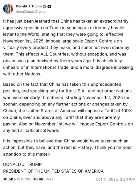 Trump 100 pc tariff on China