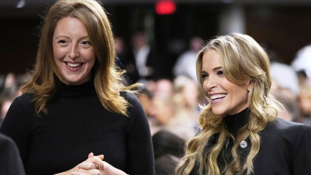 FILE - Dr. Casey Means, a wellness influencer, left, and journalist Megyn Kelly attend a confirmation hearing for Robert F. Kennedy Jr. for the Secretary of Health and Human Services post, at the Capitol in Washington, Jan. 29, 2025. (AP Photo/Ben Curtis, File)