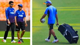 (LEFT) India's captain Shubman Gill and head coach Gautam Gambhir talk during a practice session at Narendra Modi Stadium in Ahmedabad; (RIGHT) File photo of Rohit Sharma at the Wankhede Stadium. (PHOTOS: AP Photo; Express Photo by Amit Chakravarty)