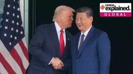 President Donald Trump, left, and Chinese President Xi Jinping, right, shake hands after their U.S.-China summit meeting at Gimhae International Airport Jinping in Busan, South Korea, Thursday, Oct. 30, 2025.
