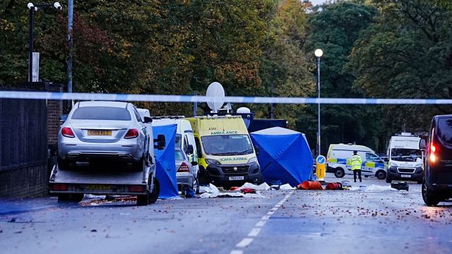 Police investigation continues at the scene near Heaton Park Hebrew Congregation Synagogue in Crumpsall, Manchester, England Friday, Oct. 3, 2025. (Peter Byrne/PA via AP)