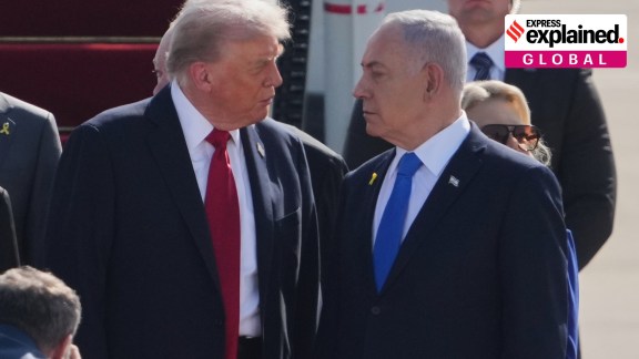 Beyond Sharm El-Sheikh: US President Donald Trump with Israel's Prime Minister Benjamin Netanyahu as he arrives at Ben Gurion Airport near Tel Aviv, Israel, Monday, Oct. 13, 2025, for the Sharm El-Sheikh summit.