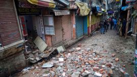 Varanasi Dalmandi demolition:Road widening work underway from Dalmandi Market to Shri Kashi Vishwanath Temple, in Varanasi, Wednesday. (PTI photo)