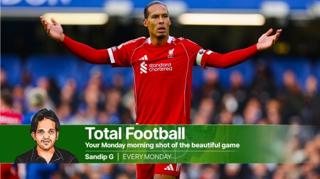 Liverpool's Virgil van Dijk gestures during the English Premier League soccer match between Chelsea and Liverpool at Stamford Bridge in London, Saturday, Oct. 4, 2025. (AP Photo)