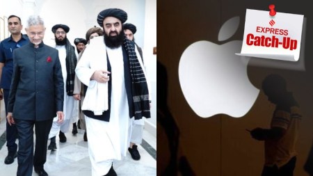 EAM S Jaishankar and Afghan FM Amir Khan Muttaqi in New Delhi; Apple logo. (Credit: X/@DrSJaishankar/File)
